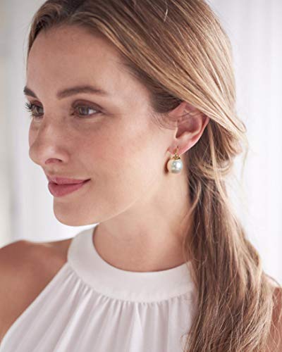 14K Gold Plated 925 Sterling Silver 14mm White Round Pearl Drop Earrings for Women Lightweight Dangle Hoop Earrings for Wedding Minimalist Jewellery for Christmas Jewelry Plated with Gold, Silver2