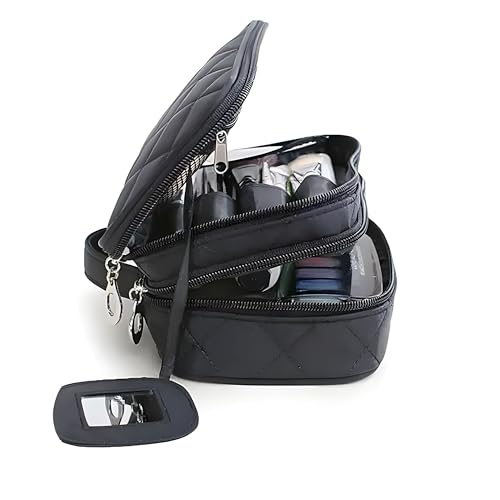 Image of Polyester Cosmetic Bag Travel Professional Cosmetic Makeup Kit Storage Organizer Toiletry Vanity Bag with Adjustable Compartment (Black)