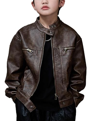 Echinodon Veste de moto en cuir synthétique pour enfant garçon, marron, 152-158