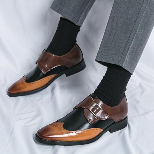 Men's Patchwork Leather Slip-On Brogues Oxford Shoes Fashion Wingtips Two Tone Monk Strap Chunky Heel Business Dress Loafer Round-Toe Lace up Low Top Formal Work Shoes4