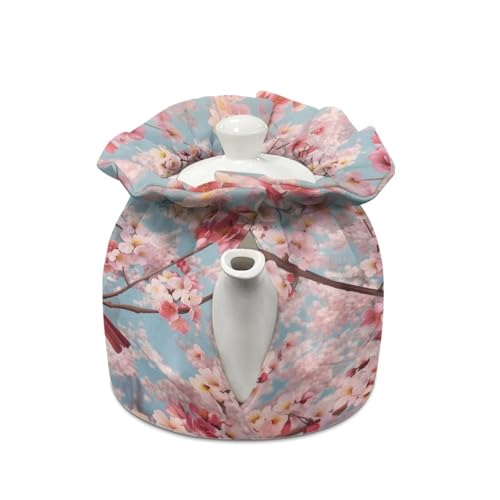 Image of Xoenoiee Cardinal Bird Cherry Blossom Print Tea Cozy Cotton Tea Cosy for Teapots Keep Warm Teapot Cover Insulated Kettle Cover for Home Kitchen Table Decor