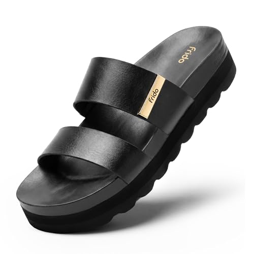 Image of Frido Women's Arch Support Wedge Sandals, Orthopedic Cushioned Platform Heels with Anti-Slip Sole, Comfortable Slip-On Footwear for Office, Travel, Daily Wear & Long Standing | Available in 3 Style- Buckle Strap, Velcro Strap & Classic Styles