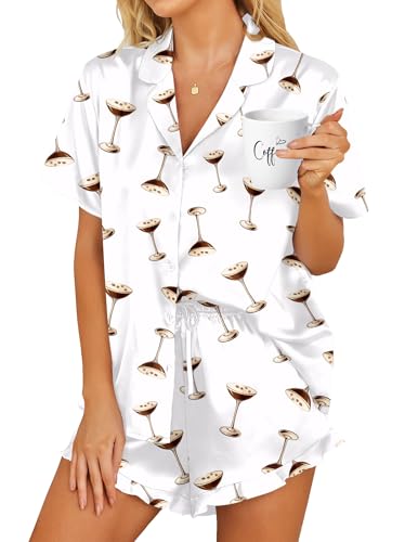 HOTOUCH Womens Satin Pajamas Set Button Down 2 Piece Silk Pjs Shorts Set Ruffle Lingerie Notch...