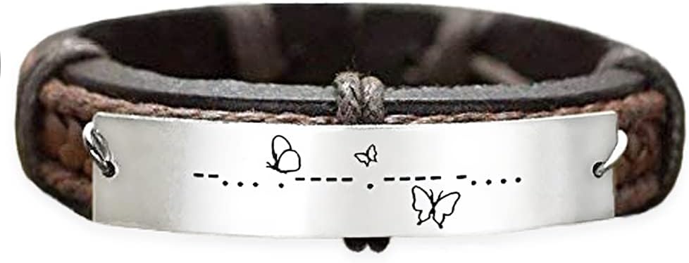 Personalized Hidden Message Bracelet, Custom Morse Code, Butterfly Engraved, Secret Code, Stainless Steel Genuine Leather Cuff