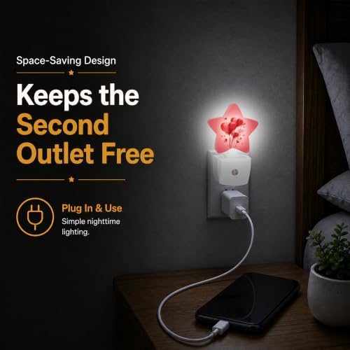 Image of Star Night Light Plug in, Love Heart Dusk to Dawn Sensor Night Light, Soft Glow Lamp for Kids Bedroom Nursery Hallway Bathroom, Energy Saving Compact Design