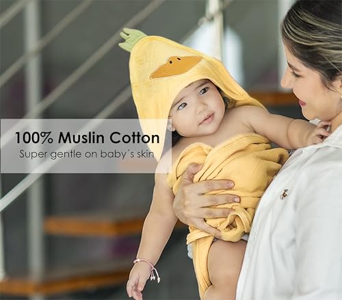 Image of Hooded Muslin Baby Towel - Soft & Absorbent Cotton Bath Wrap for Newborn, Infant & Toddler - Yellow Duck Design - 32x32 Quick Dry - Hypoallergenic