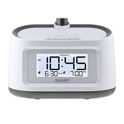 Sharp Projection Alarm Clock with Soothing Nature Sleep Sounds – Easy to Read Projection on Wall or Ceiling – 8 Sleep Sounds to Help Fall Asleep Faster, White Case with Gunmetal Trim