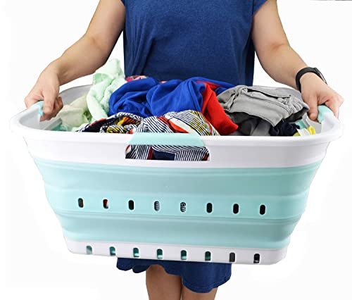 Image of SAMMART 42L (11 gallon) Collapsible Plastic Laundry Basket - Foldable Pop Up Storage Container /Organizer - Portable Basket - Space Saving Hamper /Basket (2, White /Lake Green)
