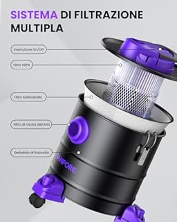 VANPORE Aspiracenere Stufa Pellet, aspiracenere 20 l, potenza di aspirazione potente 1200 W, per camino, barbecue a pellet, forno e braciere (viola)