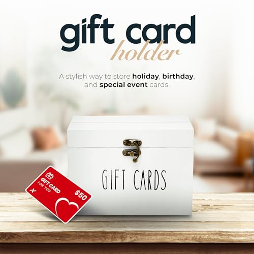 TEKHEUTEN White Wooden Gift Card Holder Storage Box with Secure Metal Latch – Keeps Gift Cards Organized & Protected – Elegant Farmhouse Gift Card Organizer