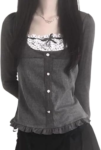 Y2k Clothing Korean Fashion Polka Dot Print Contrast Patchwork Knitted Tops Grey Cute Bow T-Shirts Slim Crop Tops
