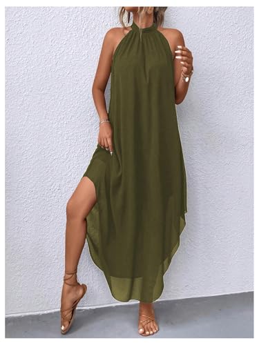 Image of Verdusa Women's Wedding Guest Dress Halter Flowy Chiffon Long Dresses | Cocktail Dress, Asymmetrical Dress for Women, Sleeveless, Prom Dress, Cruise Outfits, Boho