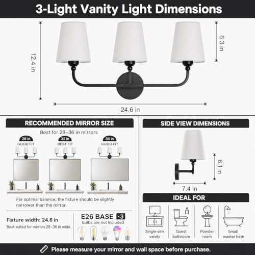 Image of Bathroom Vanity Light, Matte Black Bathroom Lighting Fixtures Over Mirror | 3-Light Bathroom Light Fixtures with Flared White Fabric Shade, E26 Socket (ETL Listed)