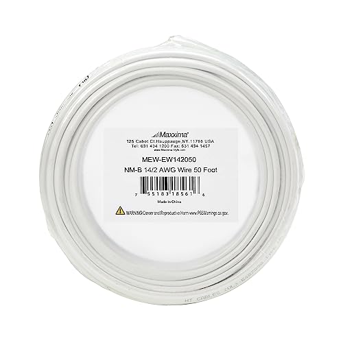Maxxima 50 Ft. 14/2 White NM-B Solid Copper W/G Electrical Wire, Non Metallic Sheathed Cable, 600V, Residential Wiring, Branch Circuits for Single Pole Lighting, Outlets & Switches