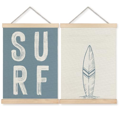 BearCake Surf Room Decor, Coastal Beach Surf Wall Art Poster Hanger Frame, Beach House Decor, Vintage Blue Surfboard Canvas Prints Framed Wall Decor for Home Bedroom Living Room, 12x16 Inch Set of 2