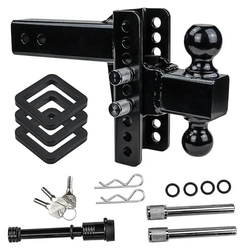Autekcomma Adjustable Trailer Hitch, for 2.5 Inch Receiver, 6 Inch Drop/Rise Hitch Ball Mount for Truck, 2" & 2-5/16" Chrome Plated Steels Balls, 22,000 LBS GTW, Double Anti-Theft Locking Hitch Pins.