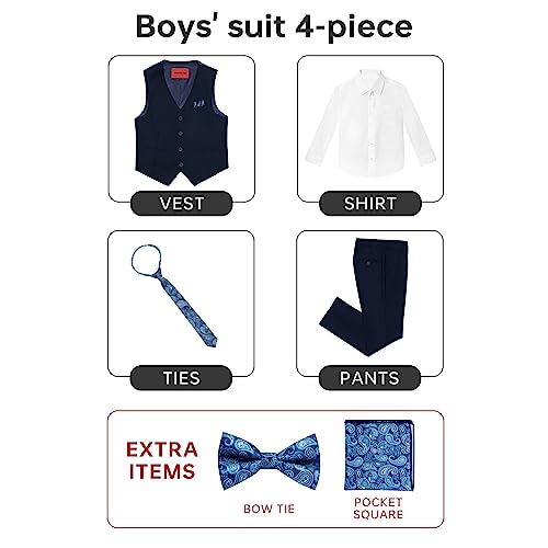 Marvelous Kids Boys 6-Piece V-Neck Formal Slim Fit Vest Suit Set, Dark Blue, Size 10