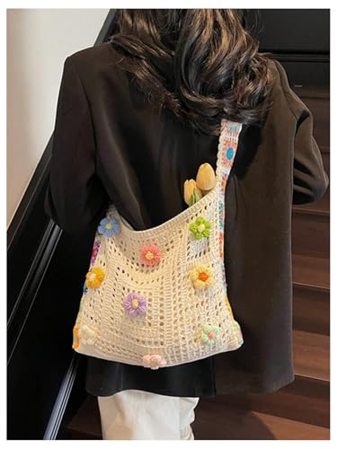 Bolso tote tejido con apliques florales para mujer miniatura 4