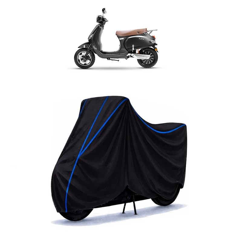 Image of Scooty Cover Water Resistant for Green Flex | Universal Scooter & Bike Cover | Heavy Duty UV Dust, Rain & Scratch Protection | Elastic Fit All Weather Indoor Outdoor | Black with Blue Piping