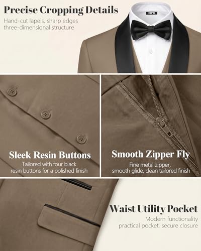 Image of MY'S Mens 3 Piece Tuxedo Set with Bow Tie, Shawl Lapel One Button Jacket Vest & Pants, Slim Fit Suit Prom Party Wedding Tux