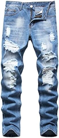 Men’s Ripped Distressed Destroyed Straight Fit Washed Denim Jeans Pants
