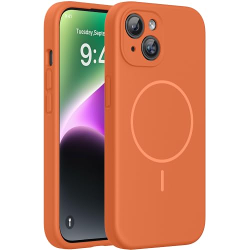 Image of Miracase Magnetic for iPhone 14 Case, [Soft Anti-Scratch Microfiber Lining], Compatible with MagSafe, Liquid Silicone Case Shockproof Drop Protection Phone Case for 14, Orange