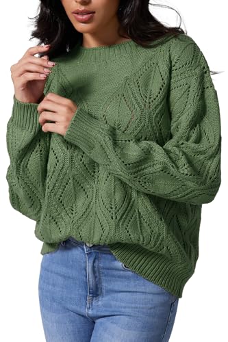 Image of Allimy Women's 2025 Elegant Crewneck Crochet Cable Knit Sweaters for Women Openwork Fall Outfits