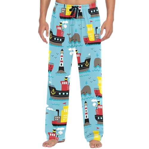 Pigsaly Men's Pajama Bottoms Cartoon Cargo Ships Whale Mens Pajama Pants Cruise Lighthouse Cotton Pj Bottoms XL2