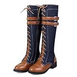 SHEMEE Women's Flat Combat Boot Buckle Riding Knee High Boots Lace Up Chunky Low Heels Gothic Motorcycle Boots with Inside Zipper Brown Patchwork Denim,Size 8.5