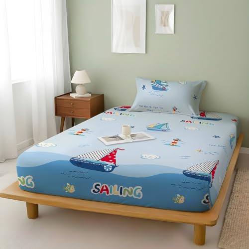 Image of Weave & Decor Kids Fitted bedsheets Single Bed 36x78x6 inch with Pillow Cover 20x30 inch, Breathable Soft Fabric, for Single Mattress