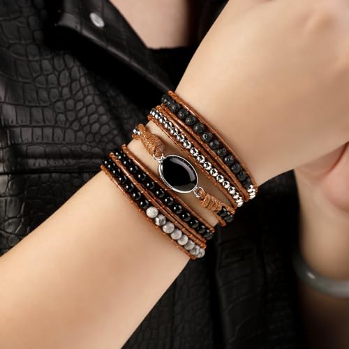 Artilady Beaded Bracelets for Women Leather Bracelets for Women Natural Crystal Beaded Wrap Bracelets Bangle Bracelet with Black Obsidian Jewelry Gifts for Women