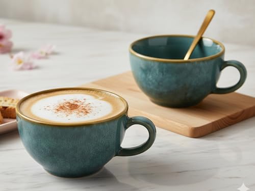 Image of Bodhi House Ceramic Soup and Coffee Wide Large Mug with Handle - Set of 2, 250 Ml Glossy Finish | Microwave Safe | for Maggi, Cappuccino, Latte, Green Tea - Ocean Green