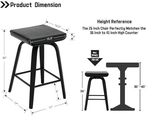 Image of 26 inch Swivel Bar Stools Set of 4, Backless Counter Height Bar Stools with Removable Faux Leather Cushion, 360 Swivel Wooden Saddle Stools with Footrest for Kitchen Island, Home Bar, Small Spaces, Black