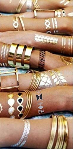 (Random Send) Waterproof Metallic Temporary Tattoos, Flash Fake Tattoo Stickers For Outdoor Body Arm Decoration Gold And Silver Color (2 Sheets) #TOP4