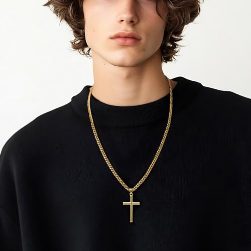 NICRET Gold Cross Necklace for Men 14K Cross Pendant for Men Simple Angular Edges with 4mm Cuban Chain Mens Crosses Chain3