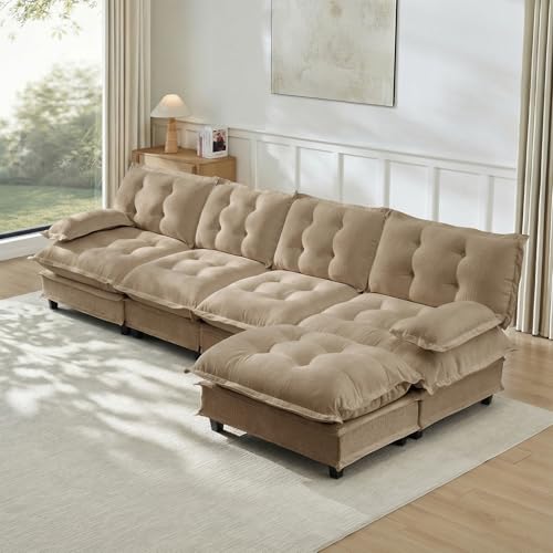 Image of 138 inch L-Shaped Sectional Couches for Living Room, Light Coffee 4 Seater Modern Chenille Deep Seat Sofa Set, Salas para Casa, High Back Cloud Couch Modular Sectional Sets with Ottoman