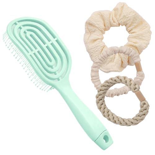 SNZ Cepillo Antitirones (con 3 Elásticos para el Pelo), Cepillo Desenredante Adecuado para Rizos y Pelo Largo para Mujeres, Hombres, Cepillo Desenredante sin Tirones, Cepillo Pelo, color verde claro