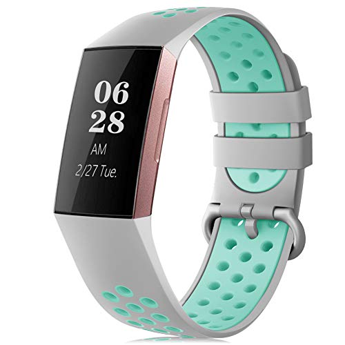 RIOROO Bracelet Compatible pour Fitbit Charge 3/Charge 4 Bracelet Bande de Remplacement en Silicone pour Femmes Hommes Sport Respirant Bracelet de Montres Accessoire Gris Sarcelle(sans Tracker) Cover