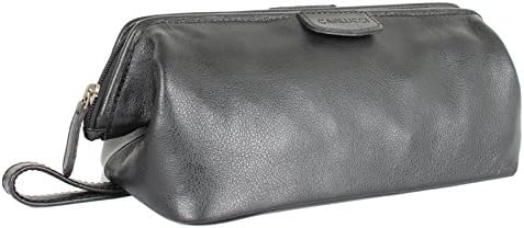 Carlucci Elite Leather Toiletry Bag for Men. Stylish Black Dopp Kit with Large Opening, Easy Durable Zipper, Rich Genuine Cowhide, Waterproof Bottom. In Black