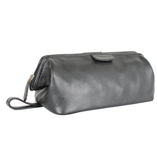 Carlucci Elite Leather Toiletry Bag for Men. Stylish Black Dopp Kit with Large Opening, Easy Durable Zipper, Rich Genuine Cowhide, Waterproof Bottom. In Black