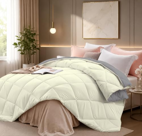 Image of Super Comfort Microfiber 300 GSM Reversible Winter Comforter for Single Bed Rajai /Blanket Diamond Stitch (60 inch x 90 inch Inches /152cm x 228cm) - Comforter Single Bed|Silver /Ivory