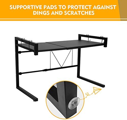 Ejoyous Microwave Shelf Stand, 2 Tier Extendable Microwave Oven Rack Toaster Stand Shelf with 4 Removable Hooks for Kitchen Oven Kitchen Shelf Spice Rack (Black)