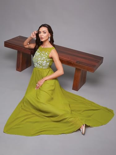 Image of Miss Chase Women's Round Neck Sleeve Embellished Fit Flare Maxi Dress