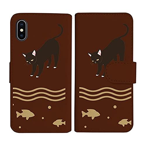 sslink iPhone17 Pro Max アイフォン17プロマックス 対応 手帳型 ブラウン ケース 猫 ネコ 魚 ダイアリータイプ 横開き カード収納 フリップ カバー