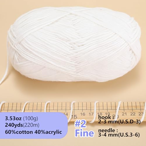 Image of LUCKY BALL Milk Cotton Yarn, 100g / 240 yd 60% Cotton 40% Acrylic #2 Fine Sport Yarn, Soft Crochet & Knitting Yarn for Amigurumi Dolls, Baby Items, Flowers, Hats, Sweaters, Blankets (White)