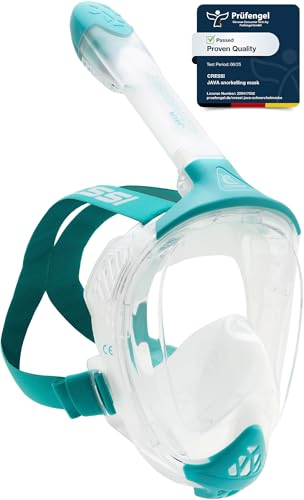 Cressi Java Junior Full Face Mask Clear/Aquamarine XS-Máscara Integral para Snorkeling Junior, Lente Ultra Clara Antivaho, 100% Silicona, Tubo Seco Válvulas de Seguridad, Transparente/Aguamarina, XS