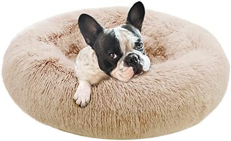 Eterish 23 inches Fluffy Round Calming Dog Bed Plush Faux Fur, Anxiety Donut Dog Bed for Small Dogs and Cats, Pet Cat Bed with Raised Rim, Machine Washable, Brown