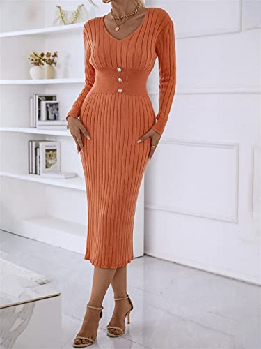 GIBZ Vestido feminino com nervuras, manga comprida, pulôver de malha, comprimento médio, colado ao c