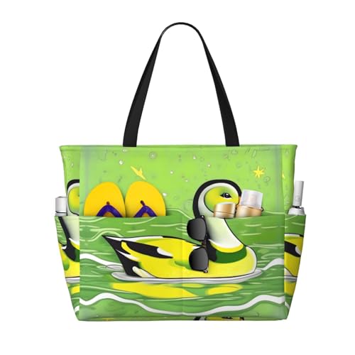 Green Duck Large Capacity Beach Travel Bag, Foldable Beach Bag with Zipper, Great for Grocery Bag Pool Gym Travel Shopping