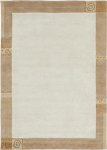 -LUXOR- living Wollteppich Manali – handgeknüpfter Kurzflor Teppich aus 100% Wolle, pflegeleicht & langlebig, für Wohnzimmer & Schlafzimmer, klassisches Design, 140 x 200 cm Beige